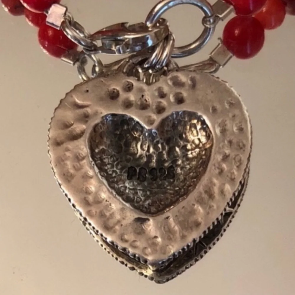 Rare Vintage Silpada Red Coral Sterling Silver Heart Charm Bracelet B0937
